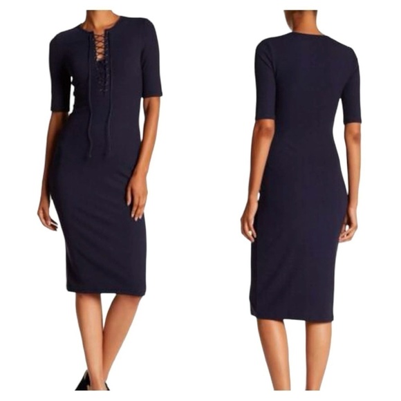 Derek Lam 10 Crosby Black Ribbed Knit Lace Up Bodycon Midi Dress Size 6 NEW - Picture 2 of 9
